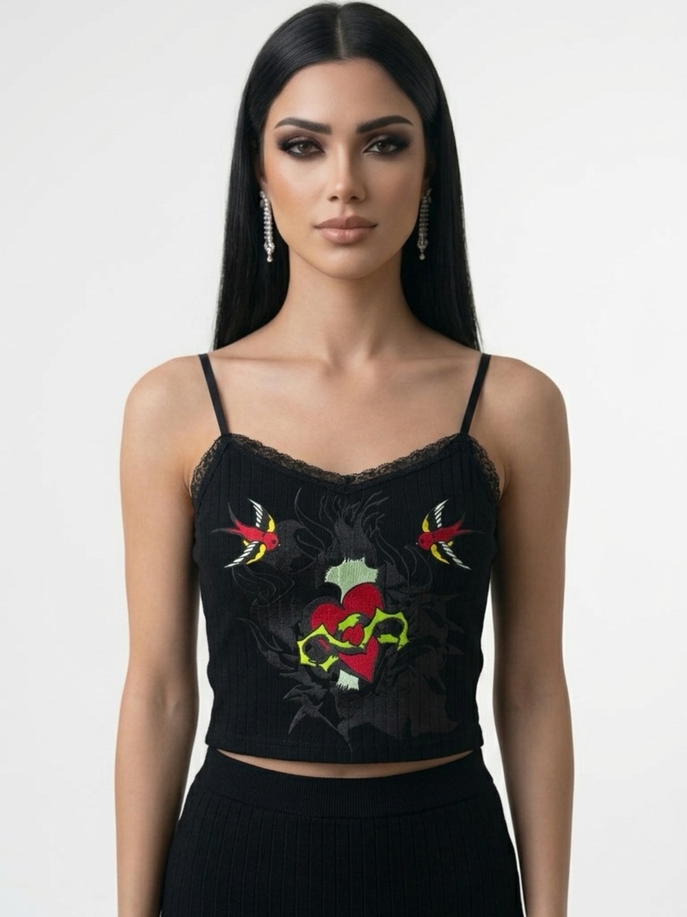 ED HARDY | Black Heart Graphic Lace-Trim Cami Tank Top Women’s Size Medium